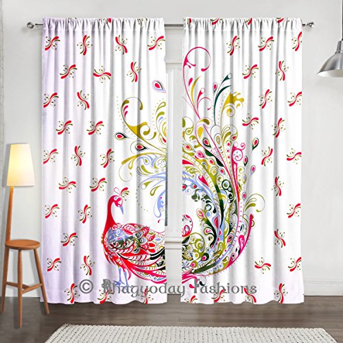 2 Stück Baumwolle Tabelle Fenster Vorhang Panel Behandlung Drapes, Feder Pfau indischen Mandala Gardinen Querbehang, Balkon-Set ROOM DECOR Vorhang Boho