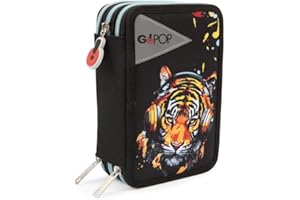 Go Pop - Astuccio Triplo Scuola Tiger Beats Con 3 Zip E 3 Scomparti, Contiene 18 Matite Colorate, 18 Pennarelli e altri Pratici Oggetti per la Scuola,13 l x 19,5 h x 6,5 p