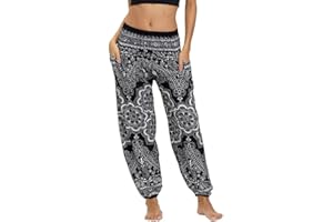 Nuofengkudu Mujer Pantalones Hippies Tailandeses Estampado Verano Cintura Alta Elastica con Bolsillos para Yoga Casual