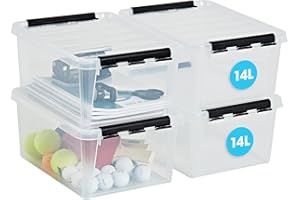 SmartStore – Lot de 4 boîtes de rangement en plastique transparent de 14L avec couvercle, renforcées, qualité alimentaire, verrouillables, empilables et emboîtables, sans BPA, 40 x 30 x 18 cm