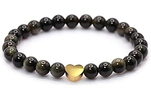 LAKADA Bracelet en obsidienne d'or véritable pierre précieuse avec perles rondes de 6mm et cœur en acier inoxydable - différentes longueurs - bracelet en pierres précieuses porte-bonheur talisman cadeau