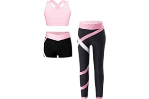 Freebily Kids Girls 3Pcs Dance Sports Outfits Crop Top with Booty Shorts and Athletic Leggings Tracksuit Sets