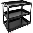 EVGTTI 3-Tier Service Cart 440 lbs Capacity Metal cart on Wheels for Garage Warehouse Workshop Use Stainless Steel Utility Cart Black/Red (Black)