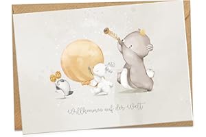 ‎KOKO LORA KOKO&LORA® Glückwunschkarte zur Geburt mit Umschlag "Willkommen auf der Welt" • moderne Grußkarte mit niedlichen Aquarell-Tieren für Mädchen und Jungen & Kraftpapier-Kuvert - Geschenk zur Geburt