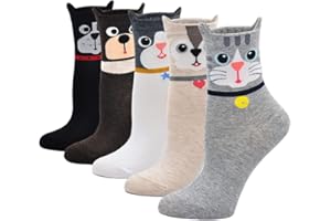 ZFSOCK Chaussettes Femme Fantaisie Coton Motif à Animaux Chat Chien Aliments Peinture Mignon Drôle Chaussette Doux pour Filles 5 Paire(EU 35-42,Marron)