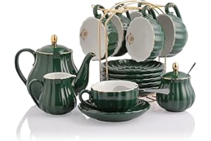 SWEEJAR HOME Service à thé en porcelaine de la série Royal britannique, 237 ml - Service pour 6 personnes - Avec théière, sucrier, pichet à crème, cuillères à café et passoire à thé(jade)