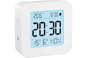 LATEC Reloj Despertador, Reloj Despertador Digital Pilas con Temperatura, Retroiluminación, 3 Volúmenes, 12/24H, Calendario, Snooze para Viajes y Dormitorio(Baterías Incluidas) (Blanco)