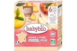 Babybio - Gourdes Fruits -Pomme Poire Pêche du Roussillon Occitanie 4x90 g - 6+ Mois - BIO