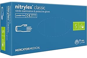 ‎MERCATOR MEDICAL Nitrylex Classic Einweg-Nitrilhandschuhe, schützende Untersuchungshandschuhe, puderfrei, unsteril, Blau, Größe S (6-7), beidhändig tragbar, Mikro + strukturierte Fingerspitze, dispenser box 100 Stk