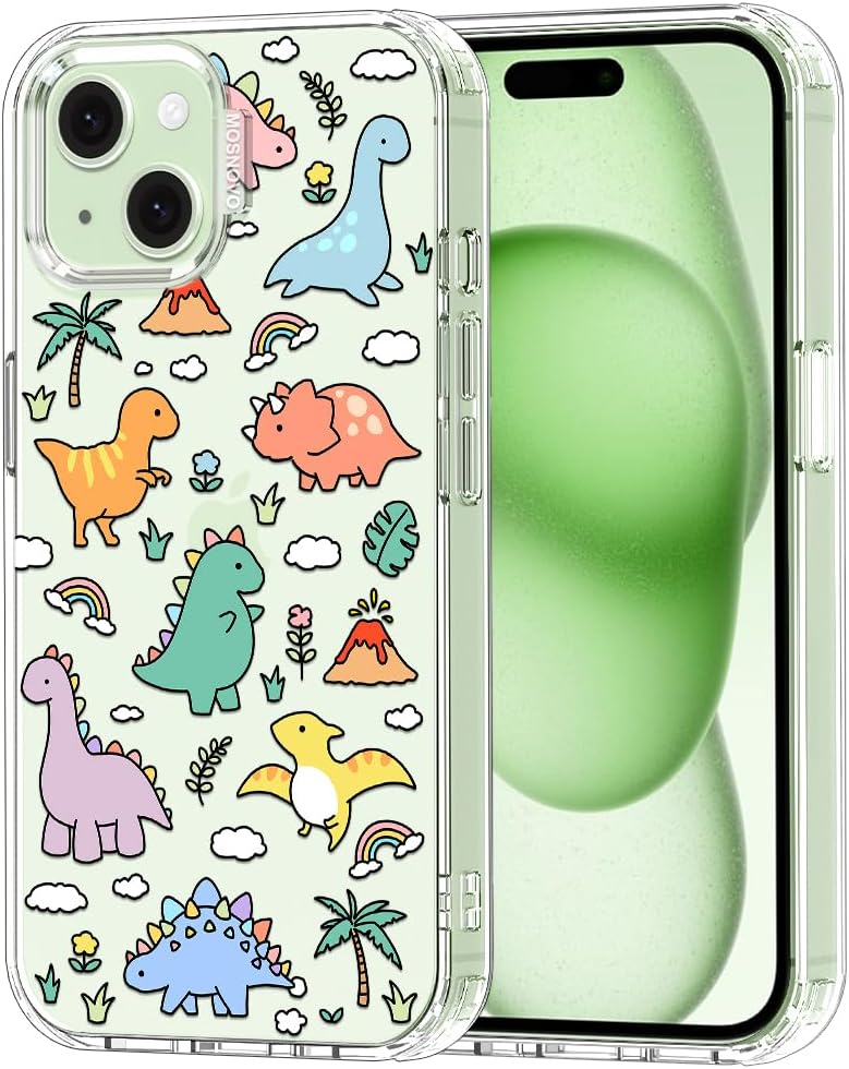 MOSNOVO Case for iPhone 15, [Buffertech 6.6ft Military-Grade Drop Protection] [Anti Peel Off Tech] Clear TPU Bumper Phone Case Cover Design - Dinosaur Land