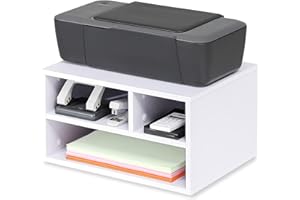 FITUEYES Supporto per Stampante Legno Bianco con 3 Scomparti Organizer da Scrivania per Ufficio e Casa 40x30x22cm DO304005WW
