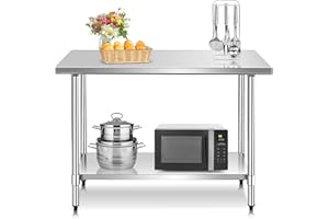 KOMFOTTEU Tavolo da lavoro in acciaio inox, tavolo per la preparazione dei pasti a 2 livelli, tavolo da cucina con carico di 250 kg, mobile di servizio per ristorante, sala da pranzo (122 x 61 x 90 cm