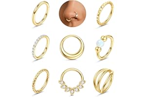 Adramata 8Pcs Piercing Nez Acier Chirurgical Piercing Septum Hypoallergénique Piercings Nez Anneaux Fermoir Clicker - Bijoux pour Piercings Lèvre, Cartilage, Oreille (Conch, Tragus, Helix) Or/Argent