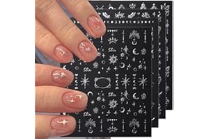 JALIYA 3D Metallisch Silber Nagelsticker Damen Nagel Stickers Stern Mond Sonne Nagelaufkleber Nagelfolie Selbstklebend Nagel Sticker Schmetterling Nail Art Stickers Nailart Aufkleber Nageldesign Zubehör,8pcs