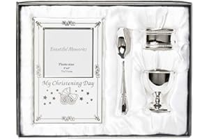 SHUDEHILL GIFTWARE Coffret cadeau de baptême plaqué argent 4 pièces comprenant un coquetier à œuf, une cuillère, un cadre photo de bébé, un anneau de serviette, une boîte cadeau