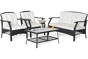RELAX4LIFE 3PCS/4PCS Outdoor Furniture Set, Rattan Conversation Set Garden Table and Chairs Set with Cushion, Patio Sofa Set Wicker Conservatory Set for Backyard Poolside Lawn (4PCS-With Loveseat)