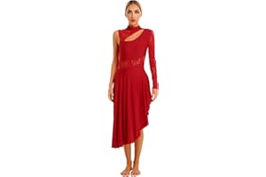 Alvivi Damen Eiskunstlauf Kleid Ballett Trikot Tanzbody mit Asymmetrisch Rock Single Langarm Ballettanzug Latein Tango Chacha Rumba Salsa Tanzkleid
