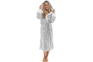 Slumber Hut® Womens Girls Fleece Dressing Gown Grey Star Sherpa Hooded Luxury Robe - Matching Ladies Childrens Sizes - Adult Size 8 10 12 14 16 18 20 22