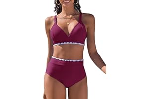 UMIPUBO Maillot De Bain Femme 2 Pieces Bikini Set Col en V Grande Taille Haute Push Up Contrôle du Ventre Sexy D'Été Plage Classique Slim Deux Pièces Ensemble Swimwear