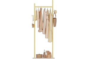 GUOHNHE Appendiabiti da Terra di Grandi Dimensioni in Metallo, Attaccapanni Piccoli con 2 Ganci e Lastra di Roccia Resistente, 50 x 30 x 175 cm, Giallo Dorato, GYJ302MWJ