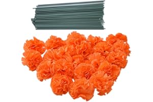 RIKYO 50 Artificial Silk Carnation Flower Head with Stems Set,Vase Fillers,Marigold Flower Heads for Diwali Home Decor Day of The Dead Wreath Garland Cake Ornaments,5cm Petals Heads (Orange)