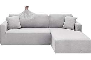 CHELZEN Housse de Canapé Elastique Peninsula en Forme de L, 2 Pièces Housses de Canapé d'angle, Housse de Canapé pour Chaise Longue avec Deux Taies d'oreiller (2 Place+2 Place, Gris Argenté)