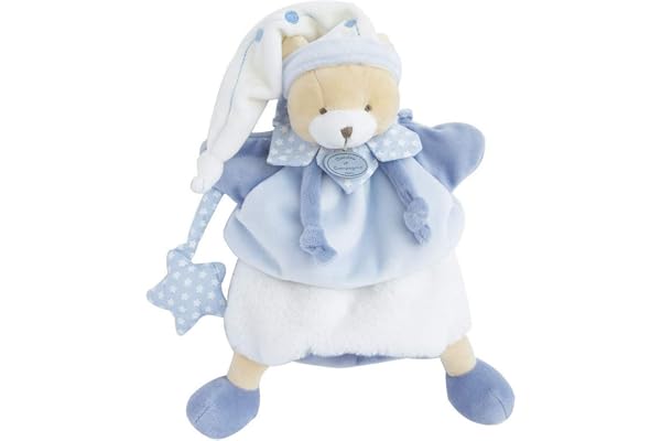 DOUDOU ET COMPAGNIE - Ours Petit Chou - Doudou Marionnette À Main - Taille 28 cm - Bleu/Blanc - Très Doux - Pour Enfants De Tous Âges - Idée Cadeau Naissance/Bébé - DC3081