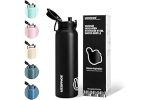 UZSPACE Edelstahl Trinkflasche 1l (970ml), Isolierte Thermosflasche mit 1-Klick-Öffnung, 100% Auslaufsicher, Sport Wasserflasche für Wandern Sport Fitness Gym Outdoor, Schwarz