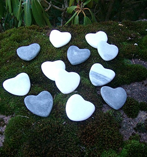 Dekosteine, echte Steine in Herzform, 12er-Set, grau u. weiss, Herzen
