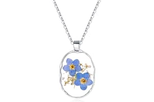 WESIHOO Forget-Me-Not and Queen Anne's Lace Pressed Wildflower Necklace | Birth Month Flowers Necklace | Gold/Silver Pressed 