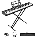 LALAHO Piano Numérique Semi-Marteau 88 Touches, Clavier Électronique avec Pédale de Sustain, Bluetooth MIDI, Pupitre de Partition, Écouteurs (Noir, Piano+Support)