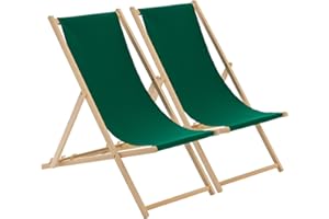 Harbour Housewares Folding Wooden Deck Chairs – Green – Pack of 2 – Adults Traditional Foldable Reclining Outdoor Canvas Sun Lounger Chair Seat for Garden Patio, Beach, Camping