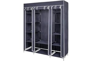 Mondeer Armoire en Tissu Penderie de Vêtement en Toile Mobilier de Chambre Rangement de Vêtements Unique Tringles à Vêtements (Gris)