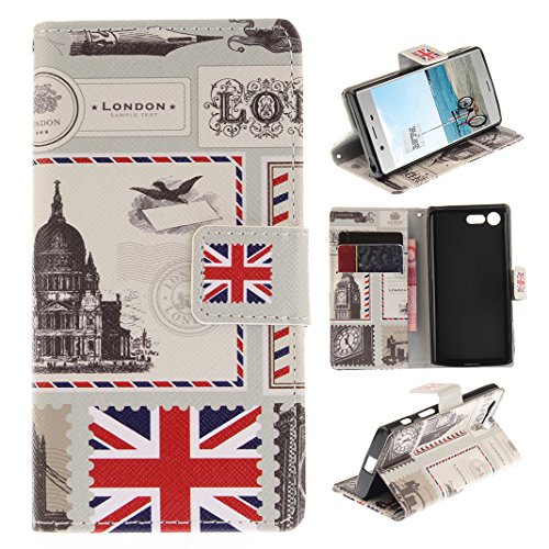 Sony Xperia X Compact Lederhülle, Asnlove PU Ledertasche Schutzhülle + Weich Hülle Stand Feature Flipcase Tasche Leather Case mit Standfunktion Tablet Etui mit Karte Slots für Sony Xperia X Compact (nur für Xperia X COMPACT geeignet ) - London Umschlag