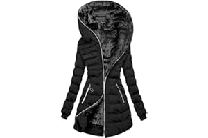 HAOLEI Womens Coats Sale Clearance Fleece Lined Hooded Jacket Quilted Ladies Parka Coat Mid Length Zipper Outdoor Outwear Tops Plain Outdoor Cotton Thick Warm Padded Winter Coat UK Size 8-16