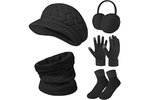 Niwicee Women Winter Knitted Hat and Scarf Set 5 PCS Ski Outing Set Plush Ear Warmers Knitted Scarf Berets Hat and Touch Screen Gloves Thermal Socks Set for Skiing Outdoor Sports