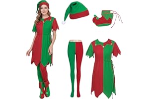 Aleshime Women Elf Costume, Cheeky Elf Christmas Fancy Dress for Adults - Include Red Green Tunic Matching Hat Tights Boots