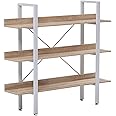 Home Source Urban 3 Tier Wide Bookcase Display Rack Ladder Storage, Metal Frame, Oak Effect, Grey