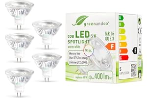 greenandco 5x MR16 GU5.3 | sostituisce 30W | bianco caldo 3000K | IRC 90+ | 5W 400 lm | 38° | senza sfarfallio | COB LED spot | 12V AC/DC | non dimmerabile