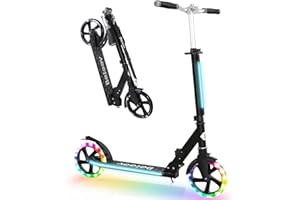 BELEEV Patinete de 2 Ruedas, Plegable Patinete con LED Luces Stem, Deck, Altura Ajustable, Big Wheel 200mm Scooter Adult con Correa de Transporte, Marco Resistente para 6+ Niño Niña Adulto