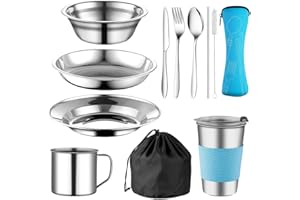 ZINUEEN Set de couverts de camping composé de 10 pièces, dont des couverts en acier inoxydable, une assiette, un bol, une tasse, une fourchette, une cuillère et un sac à couverts, ainsi qu'un sac de