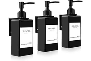 ROSELEE 3 Piezas Dispensador Jabon Baño Pared, Dispensador de Jabón para Cocina Sin Taladrar 300ml Dispensador Gel y Champu Ducha con 3 Soportes y Etiquetas Impermeables para Cocina y Baño