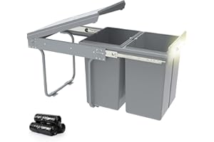 Soontrans Poubelle de cuisine, encastrable, avec 2 poubelles extensibles de 20 l, rails télescopiques, poubelle sous évier, en acier et plastique, système de tri sélectif des déchets (gris)