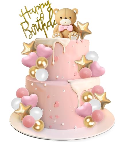 JeVenis Decorazione Torta Orso Rosa - Cake Topper Con Palline Per Baby Shower E Compleanno
