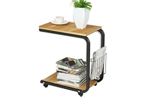 DlandHome Stolik pomocniczy, w kształcie litery U, na laptopa, z kółkami, z koszem, biurko, obok łóżka, sofy, do szpitala, czytania, spożywania posiłków, dąb