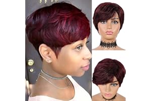 QIHANG Perruques Courtes de Cheveux Humains Vin Rouge Pixie Cut Perruques avec Frange Perruques Avant de Lacet Perruques Brésiliennes de Cheveux Humains Pleine Machine pour les Femmes Noires (# 99J)