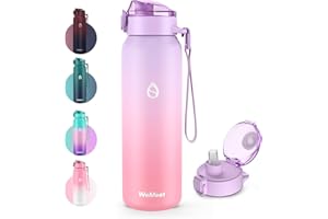 WEMEET Stainless Steel Sports Water Bottle with Removable Straw 500 ml, [18/10 Stainless Steel] Water Bottle with Removable Straps, Leak-Proof Double Walled for Outdoor, Work, Children, Purple Pink