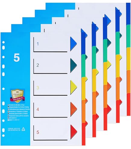 3 Set Divisori A4 Colorati Per Raccoglitori, 20 Schede 1-20, In Plastica PP, 225x297mm, Per Ufficio E Scuola