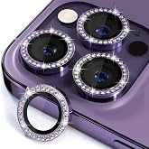Coverzone İPhone 14 Pro / 14 Pro Max İle Uyumlu Y&uuml;ksek Kalite Parlak Elmas Desenli Taşlı Derin Mor &Ouml;zel Tasarım Kamera Lens K