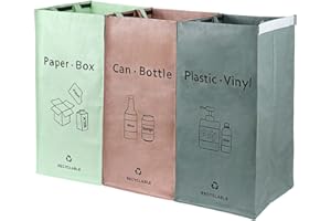 BOMEI PACK 3 Packs Recycling Bags Pink Green Gray with handle Separate Sorting Organizer Woven waste Bins bag 42 Gallon Waterproof for Kitchen Home Office Heavy Duty Reusable Storage Easy clean
